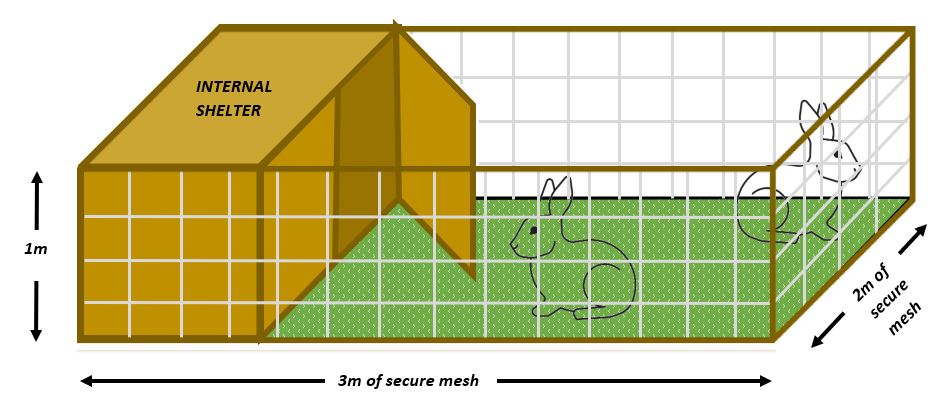 A diagram showing the measurements of an example rabbit container