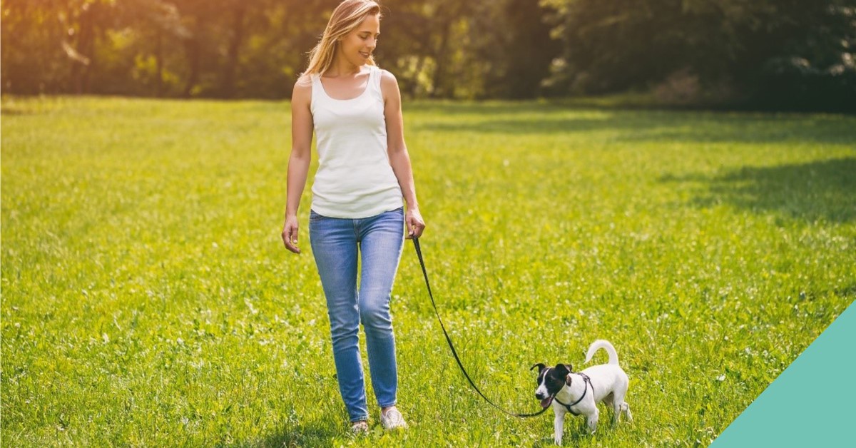 Lady walking a dog in a field